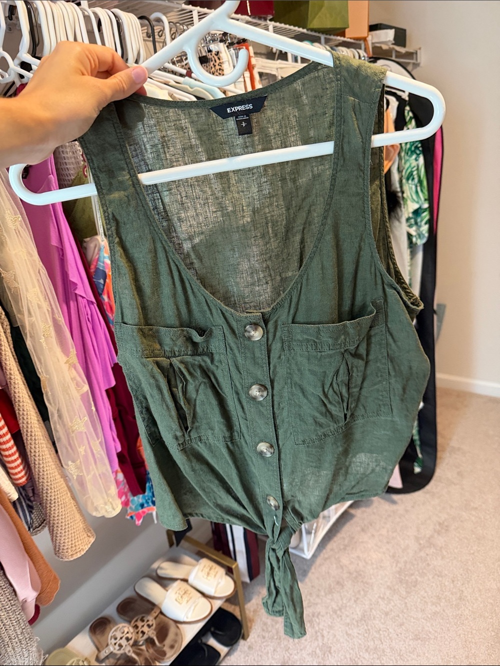 Express Olive Tie-Front Button Tank Top